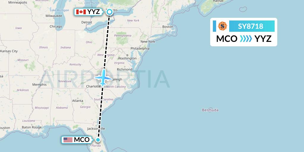 SY8718 Sun Country Airlines Flight Map: Orlando to Toronto