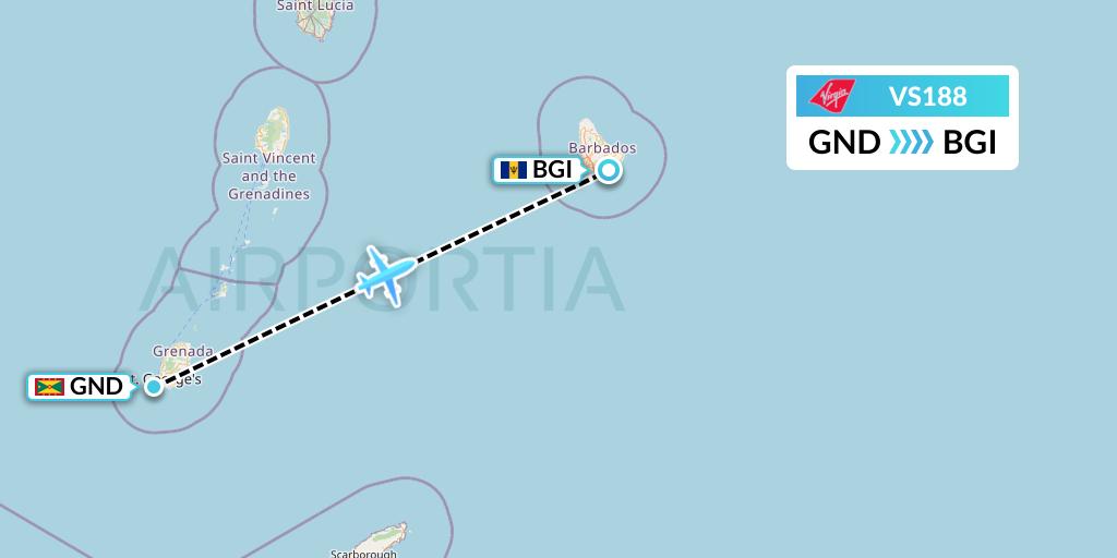 VS188 Virgin Atlantic Airways Flight Map: Point Salines to Bridgetown