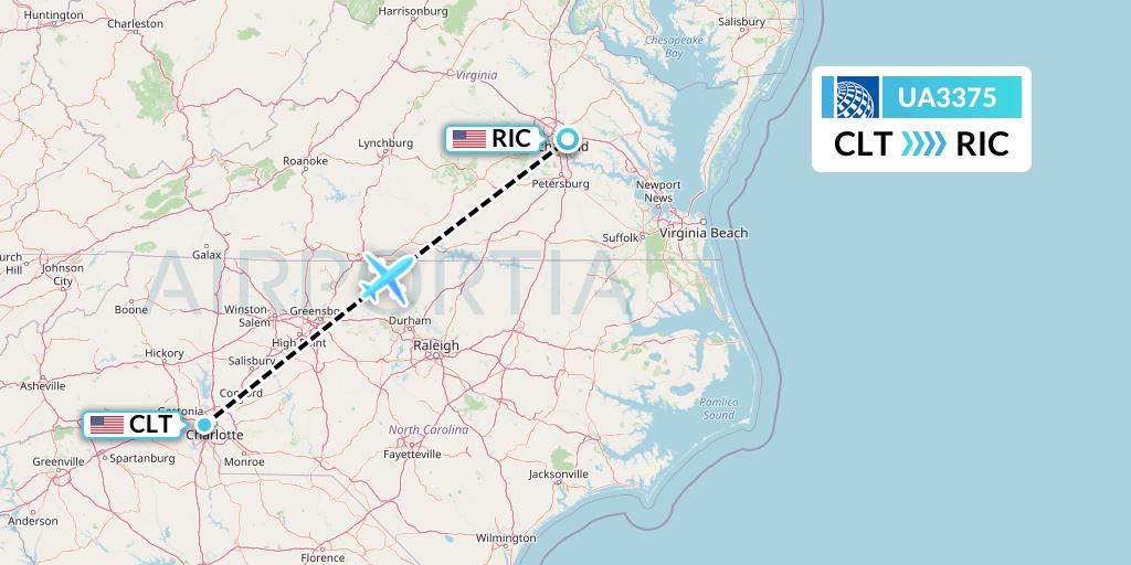 UA3375 United Airlines Flight Map: Charlotte to Richmond