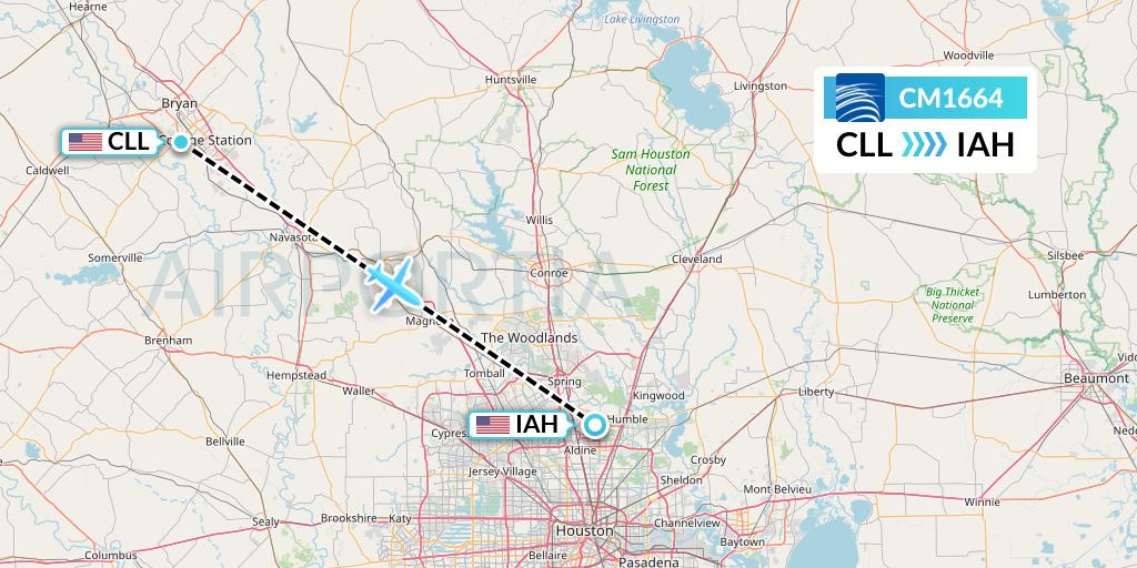 CM1664 Copa Airlines Flight Map: College Station to Houston