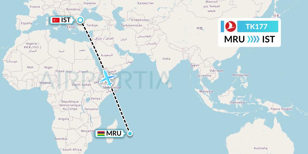 TK177 Turkish Airlines Flight Map: Port Louis to Istanbul