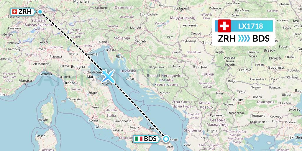 LX1718 Swiss Flight Map: Zurich to Brindisi
