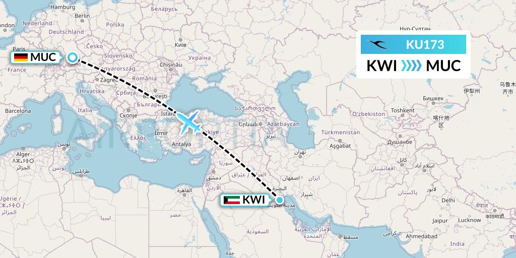 KU173 Kuwait Airways Flight Map: Kuwait City to Munich
