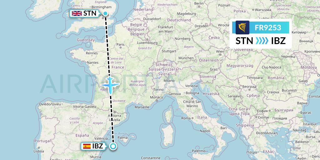 FR9253 Ryanair Flight Map: London to Ibiza