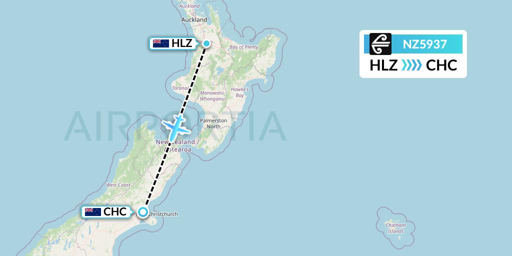 NZ5937 Air New Zealand Flight Map: Hamilton to Christchurch