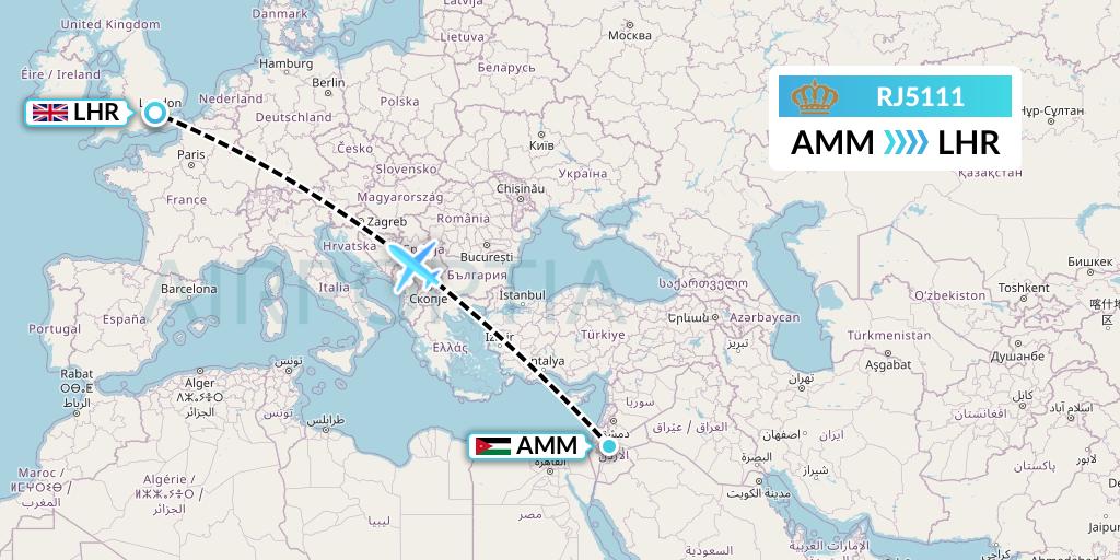 RJ5111 Royal Jordanian Flight Map: Amman to London