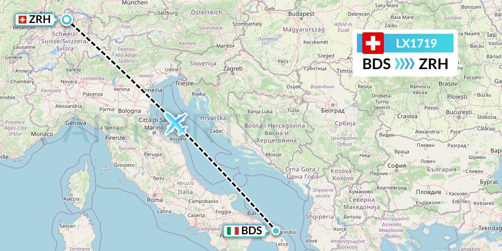 LX1719 Swiss Flight Map: Brindisi to Zurich