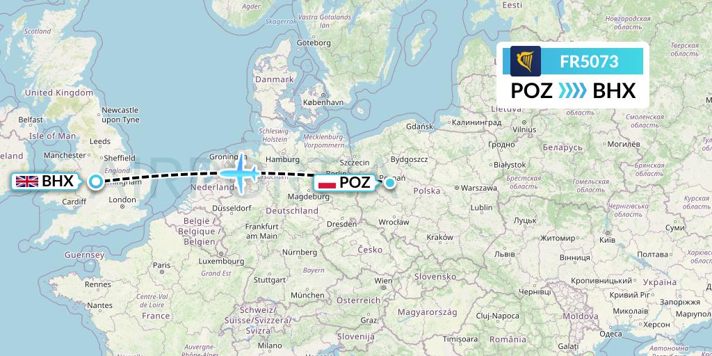 FR5073 Ryanair Flight Map: Poznan to Birmingham