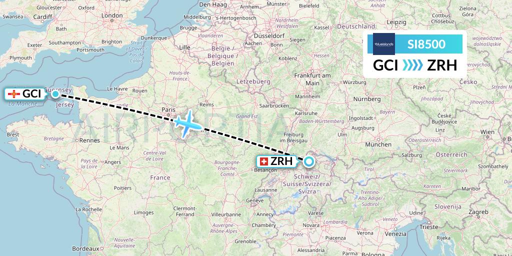 SI8500 Blue Islands Flight Map: Guernsey to Zurich