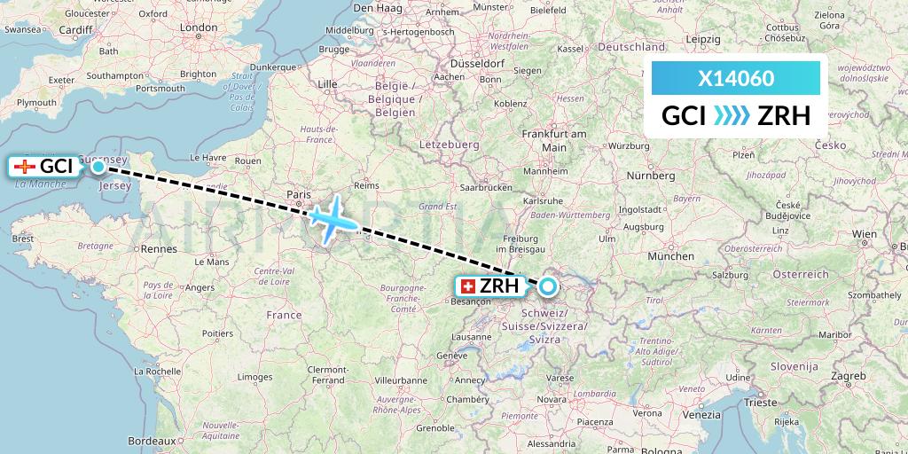 X14060 Nik Airways Flight Map: Guernsey to Zurich