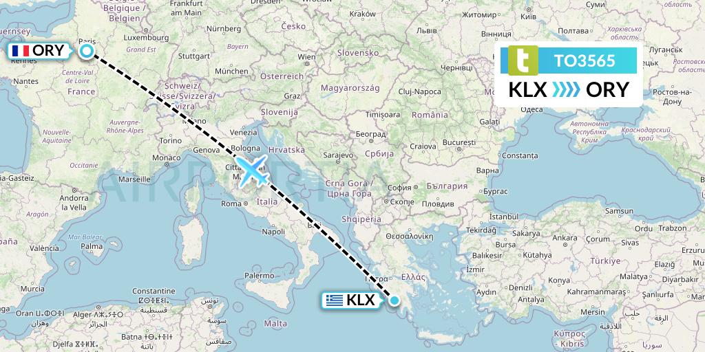 TO3565 Transavia France Flight Map: Kalamata to Paris