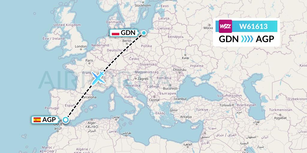 W61613 Wizz Air Flight Map: Gdansk to Malaga