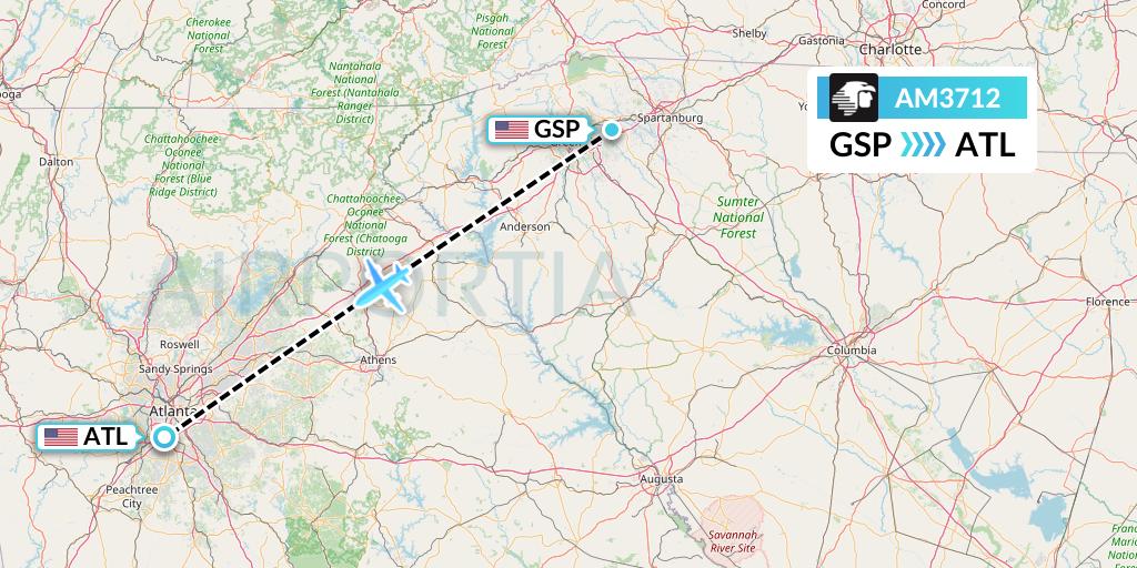 AM3712 Aeromexico Flight Map: Greenville-Spartanburg to Atlanta