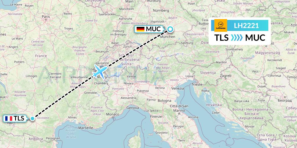 LH2221 Lufthansa Flight Map: Toulouse to Munich