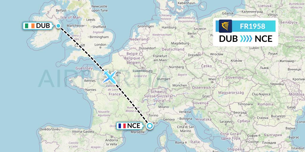 FR1958 Ryanair Flight Map: Dublin to Nice