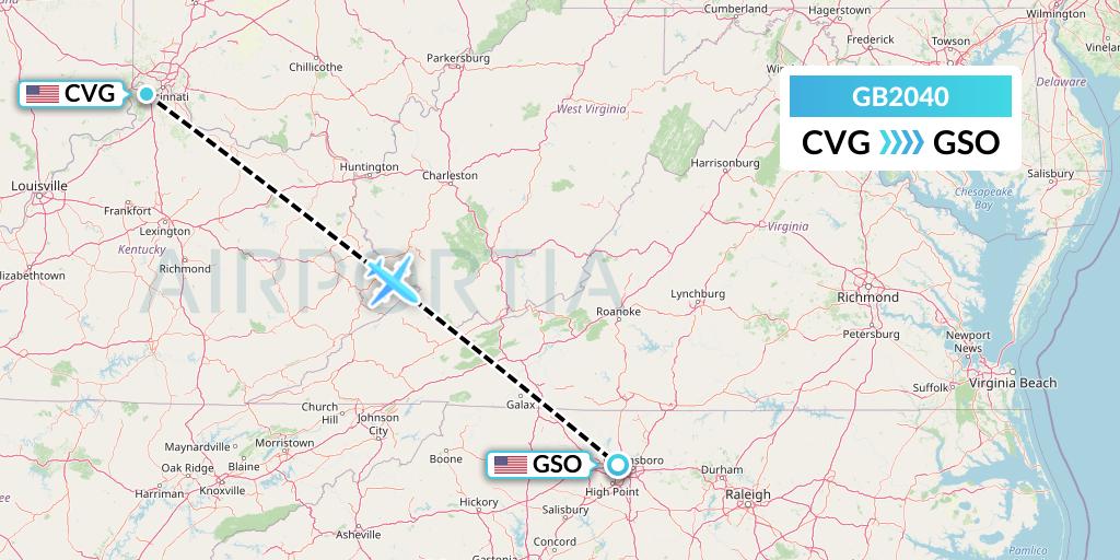 GB2040 ABX Air Flight Map: Cincinnati to Greensboro