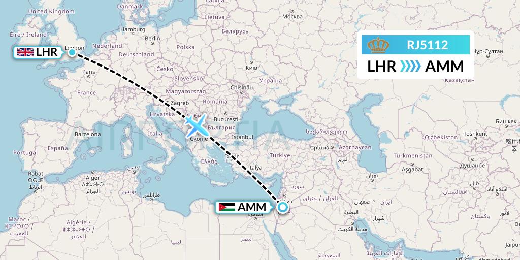 RJ5112 Royal Jordanian Flight Map: London to Amman