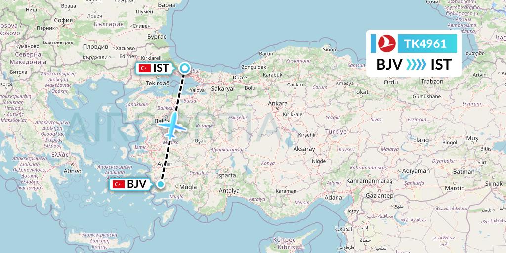 TK4961 Turkish Airlines Flight Map: Bodrum to Istanbul