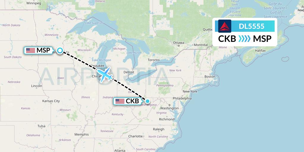 DL5555 Delta Air Lines Flight Map: Clarksburg to Minneapolis