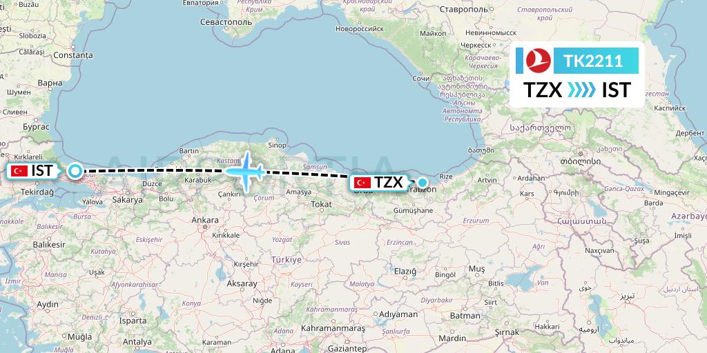 TK2211 Turkish Airlines Flight Map: Trabzon to Istanbul