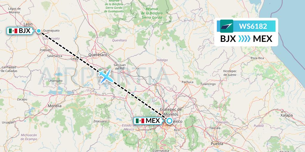 WS6182 WestJet Flight Map: Silao to Mexico City