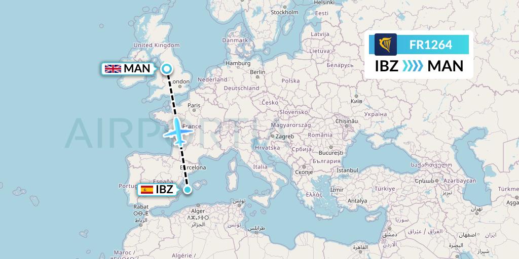 FR1264 Ryanair Flight Map: Ibiza to Manchester