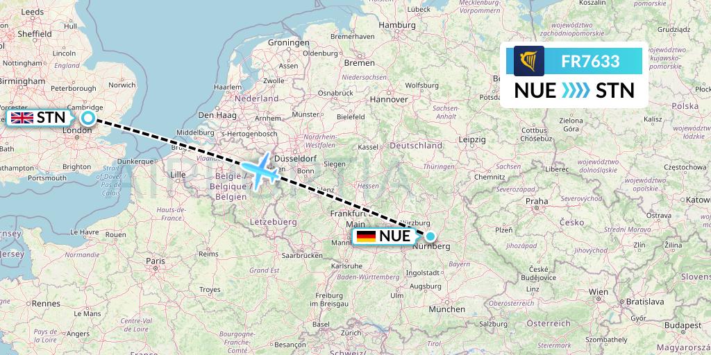 FR7633 Ryanair Flight Map: Nurnberg to London