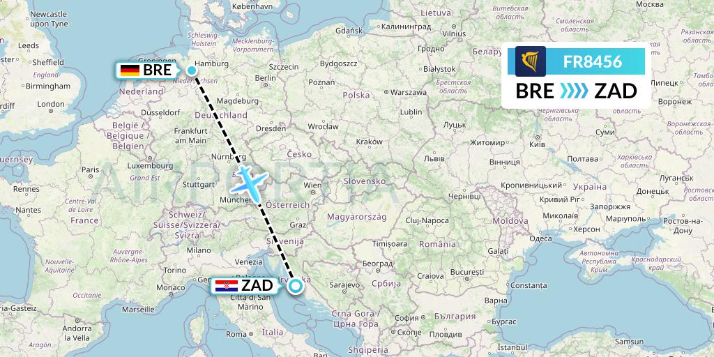 FR8456 Ryanair Flight Map: Bremen to Zadar