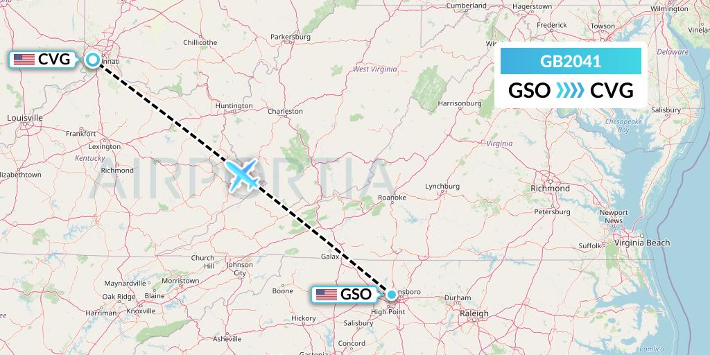 GB2041 ABX Air Flight Map: Greensboro to Cincinnati