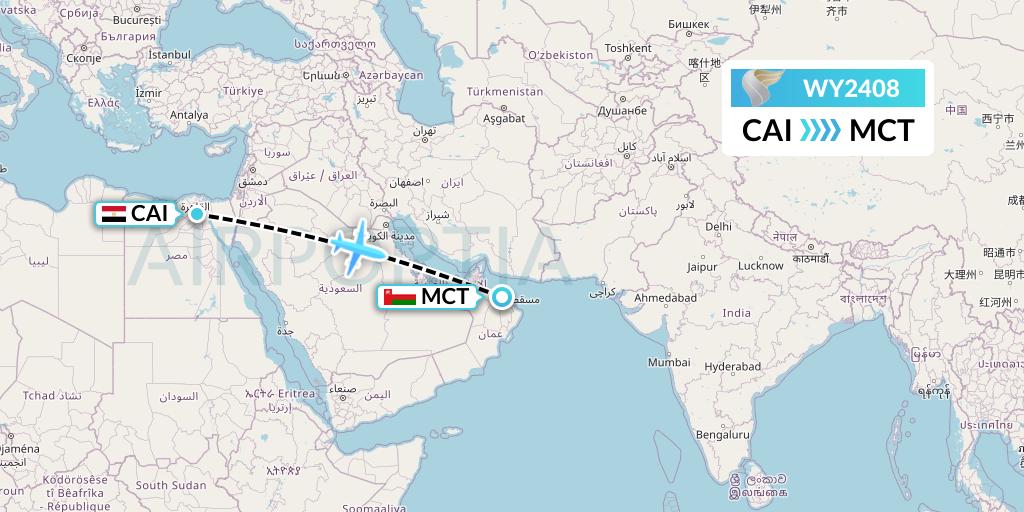 WY2408 Oman Air Flight Map: Cairo to Muscat