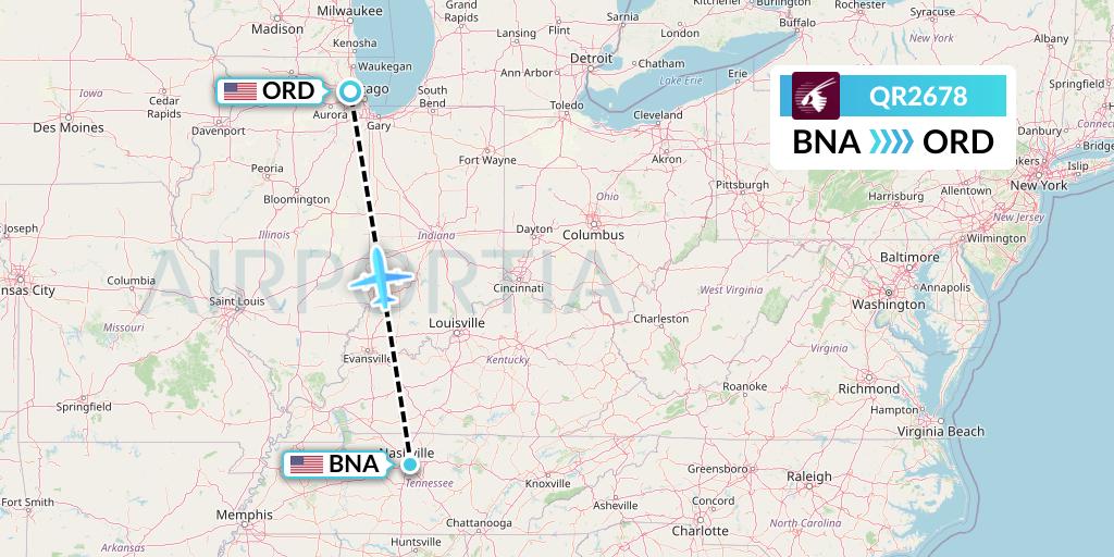 QR2678 Qatar Airways Flight Map: Nashville to Chicago