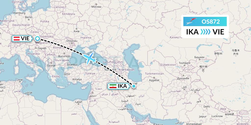 OS872 Austrian Airlines Flight Map: Tehran to Vienna