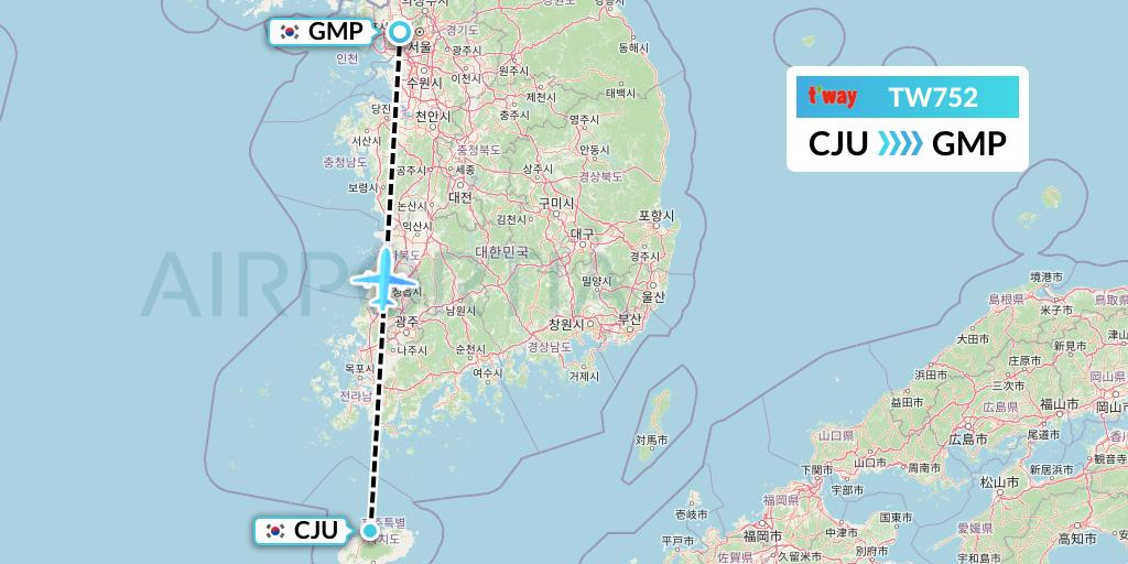 TW752 T'way Air Flight Map: Jeju to Seoul