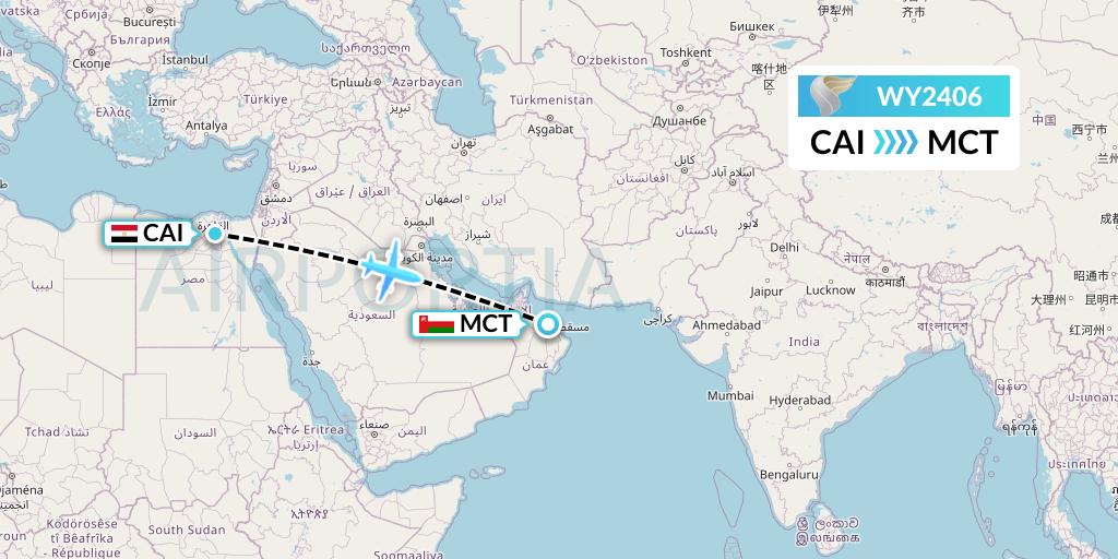 WY2406 Oman Air Flight Map: Cairo to Muscat
