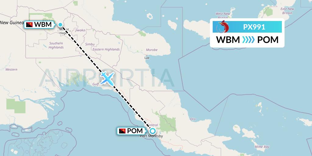 PX991 Air Niugini Flight Map: Papua New Guinea to Port Moresby