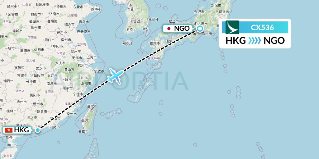 CX536 Cathay Pacific Flight Map: Hong Kong to Nagoya