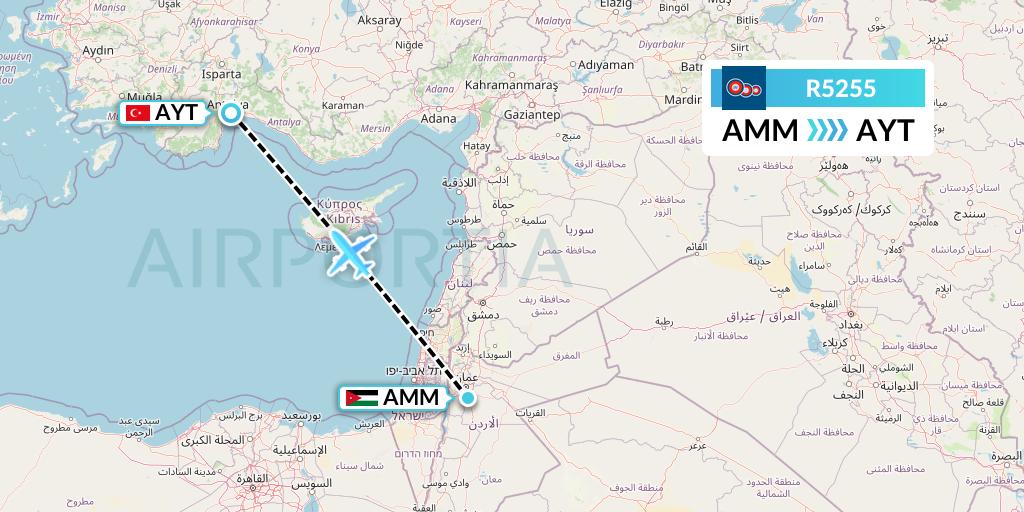R5255 Jordan Aviation Flight Map: Amman to Antalya