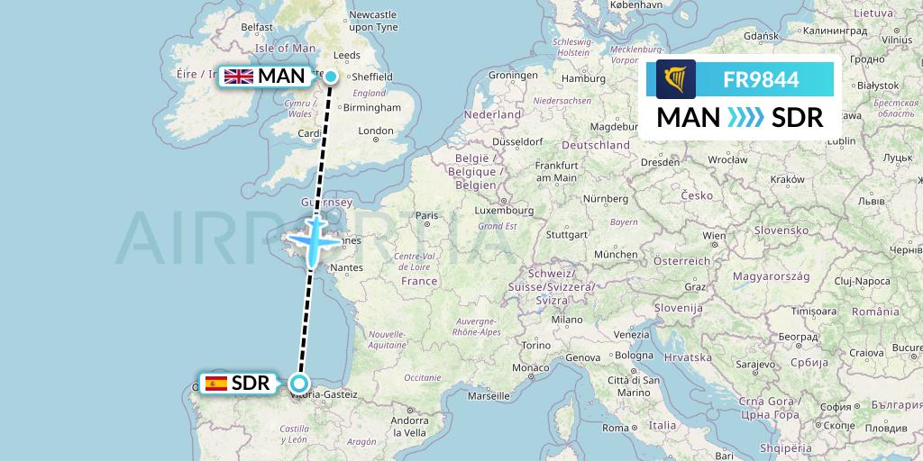FR9844 Ryanair Flight Map: Manchester to Santander