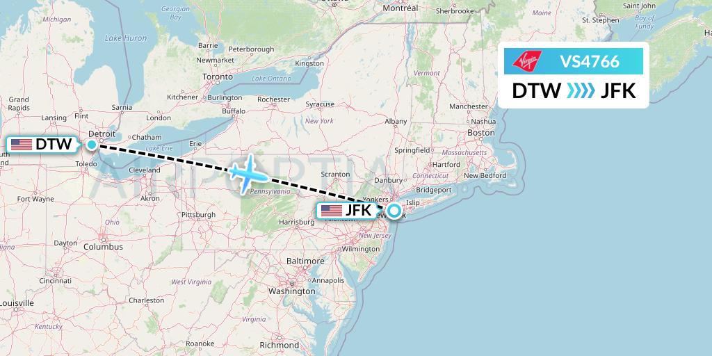 VS4766 Virgin Atlantic Airways Flight Map: Detroit to New York