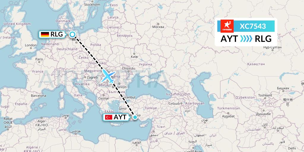 XC7543 Corendon Airlines Flight Map: Antalya to Rostock