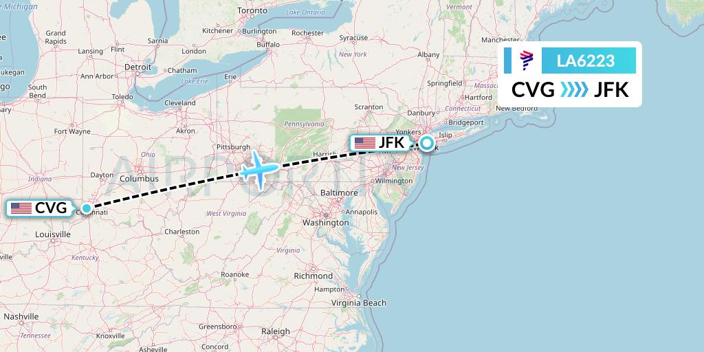 LA6223 LAN Airlines Flight Map: Cincinnati to New York