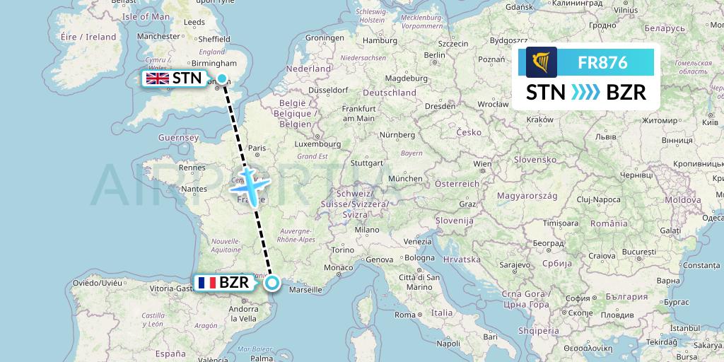 FR876 Ryanair Flight Map: London to Beziers