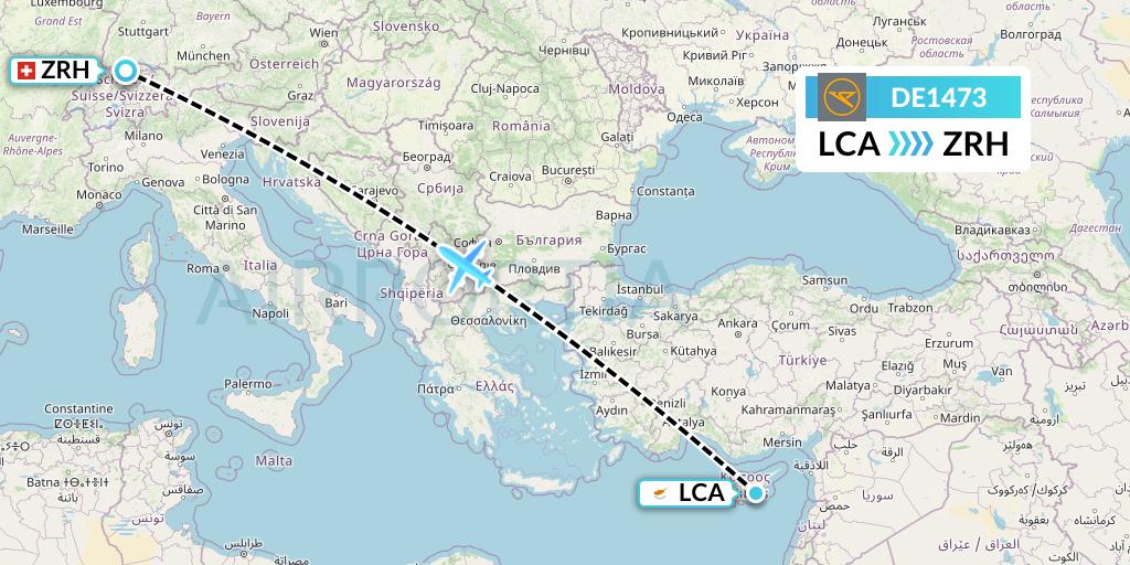DE1473 Condor Flight Map: Larnaca to Zurich