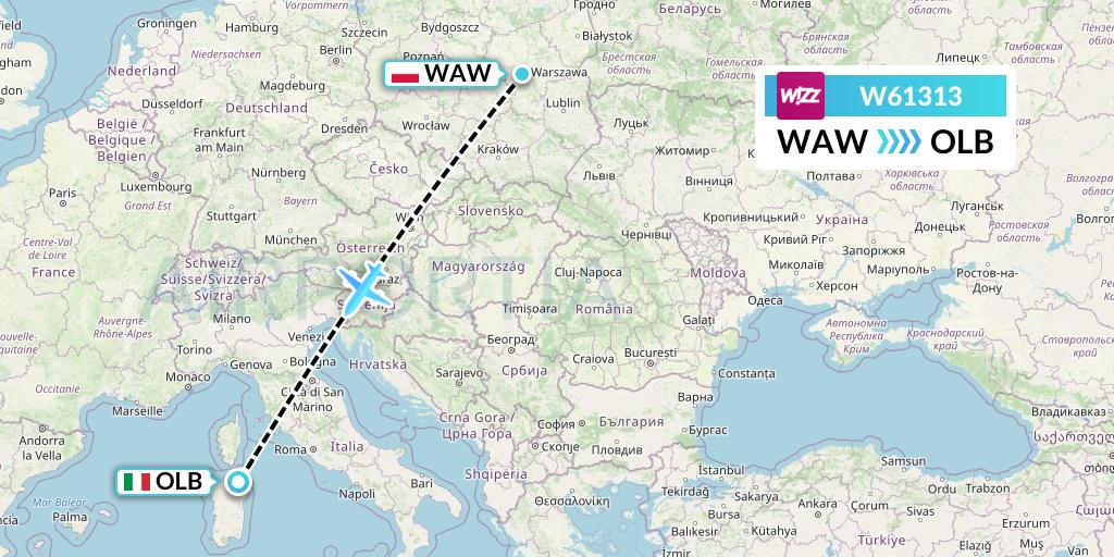 W61313 Wizz Air Flight Map: Warsaw to Olbia