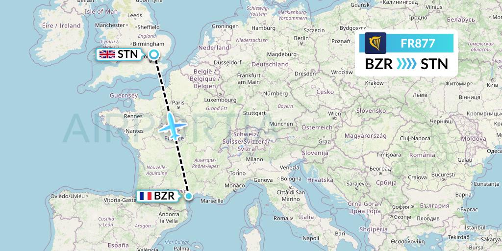 FR877 Ryanair Flight Map: Beziers to London