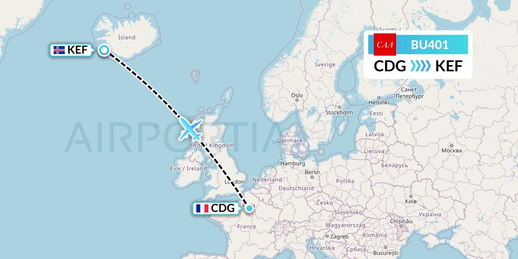 BU401 flyCAA Flight Map: Paris to Reykjavik