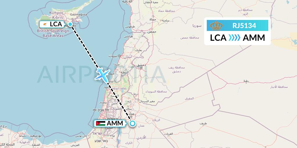 RJ5134 Royal Jordanian Flight Map: Larnaca to Amman