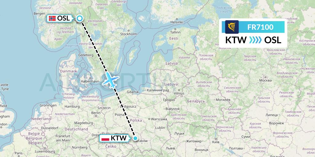FR7100 Ryanair Flight Map: Katowice to Oslo