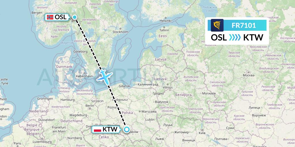 FR7101 Ryanair Flight Map: Oslo to Katowice