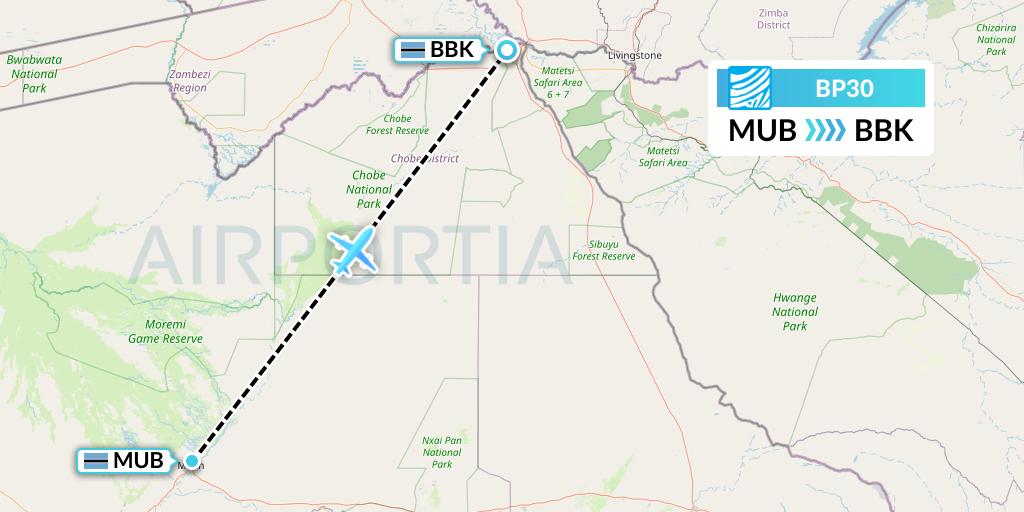 BP30 Air Botswana Flight Map: Maun to Kasane